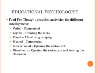 EDUCATIONAL PSYCHOLOGIST Food For Thought provides activities for different intelligences: Verbal - Commercial Logical – Creating the menu Visual – Advertising campaign Musical - Commercial Interpersonal – Opening the restaurant  Kinesthetic – Opening the restaurant and serving the classroom 