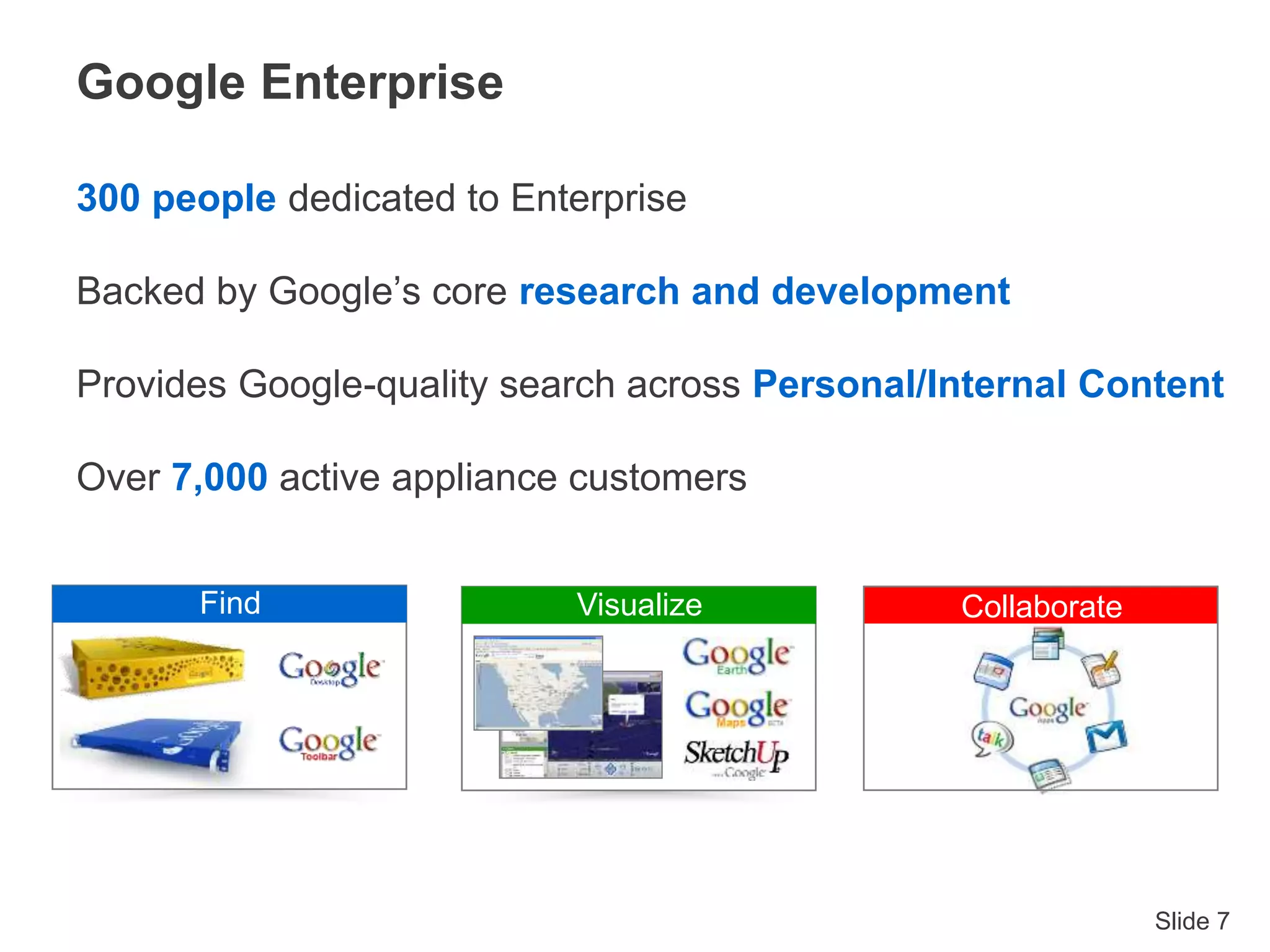 Slide 7
Google Enterprise
300 people dedicated to Enterprise
Backed by Google’s core research and development
Provides Google-quality search across Personal/Internal Content
Over 7,000 active appliance customers
Find Visualize Collaborate
 
