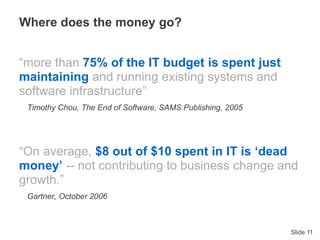 Slide 11
“more than 75% of the IT budget is spent just
maintaining and running existing systems and
software infrastructure”
Timothy Chou, The End of Software, SAMS Publishing, 2005
“On average, $8 out of $10 spent in IT is ‘dead
money’ -- not contributing to business change and
growth.”
Gartner, October 2006
Where does the money go?
 