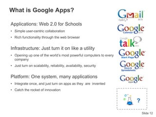Slide 12
What is Google Apps?
Applications: Web 2.0 for Schools
• Simple user-centric collaboration
• Rich functionality through the web browser
Infrastructure: Just turn it on like a utility
• Opening up one of the world’s most powerful computers to every
company
• Just turn on scalability, reliability, availability, security
Platform: One system, many applications
• Integrate once, and just turn on apps as they are invented
• Catch the rocket of innovation
Start Page
?
 