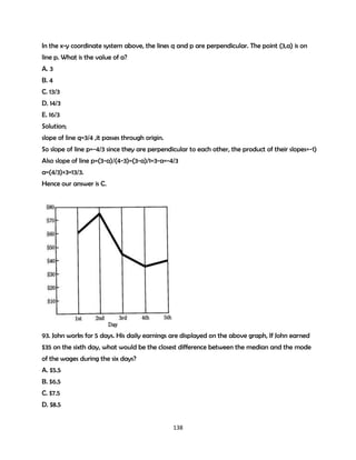 In the x-y coordinate system above, the lines q and p are perpendicular. The point (3,a) is on
line p. What is the value of a?
A. 3
B. 4
C. 13/3
D. 14/3
E. 16/3
Solution;
slope of line q=3/4 ,it passes through origin.
So slope of line p=-4/3 since they are perpendicular to each other, the product of their slopes=-1)
Also slope of line p=(3-a)/(4-3)=(3-a)/1=3-a=-4/3
a=(4/3)+3=13/3.
Hence our answer is C.

93. John works for 5 days. His daily earnings are displayed on the above graph, If John earned
$35 on the sixth day, what would be the closest difference between the median and the mode
of the wages during the six days?
A. $5.5
B. $6.5
C. $7.5
D. $8.5
138

 