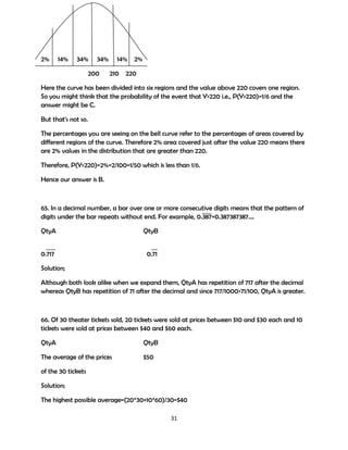 2%

14%

34%

34%

200

14%
210

2%

220

Here the curve has been divided into six regions and the value above 220 covers one region.
So you might think that the probability of the event that Y>220 i.e., P(Y>220)=1/6 and the
answer might be C.
But that's not so.
The percentages you are seeing on the bell curve refer to the percentages of areas covered by
different regions of the curve. Therefore 2% area covered just after the value 220 means there
are 2% values in the distribution that are greater than 220.
Therefore, P(Y>220)=2%=2/100=1/50 which is less than 1/6.
Hence our answer is B.

65. In a decimal number, a bar over one or more consecutive digits means that the pattern of
digits under the bar repeats without end. For example, 0.387=0.387387387….
QtyA

QtyB

0.717

0.71

Solution;
Although both look alike when we expand them, QtyA has repetition of 717 after the decimal
whereas QtyB has repetition of 71 after the decimal and since 717/1000>71/100, QtyA is greater.

66. Of 30 theater tickets sold, 20 tickets were sold at prices between $10 and $30 each and 10
tickets were sold at prices between $40 and $60 each.
QtyA

QtyB

The average of the prices

$50

of the 30 tickets
Solution;
The highest possible average=(20*30+10*60)/30=$40
31

 