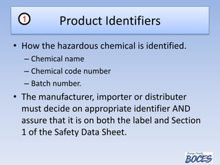 Product Identifiers
• How the hazardous chemical is identified.
– Chemical name
– Chemical code number
– Batch number.
• The manufacturer, importer or distributer
must decide on appropriate identifier AND
assure that it is on both the label and Section
1 of the Safety Data Sheet.
1
 