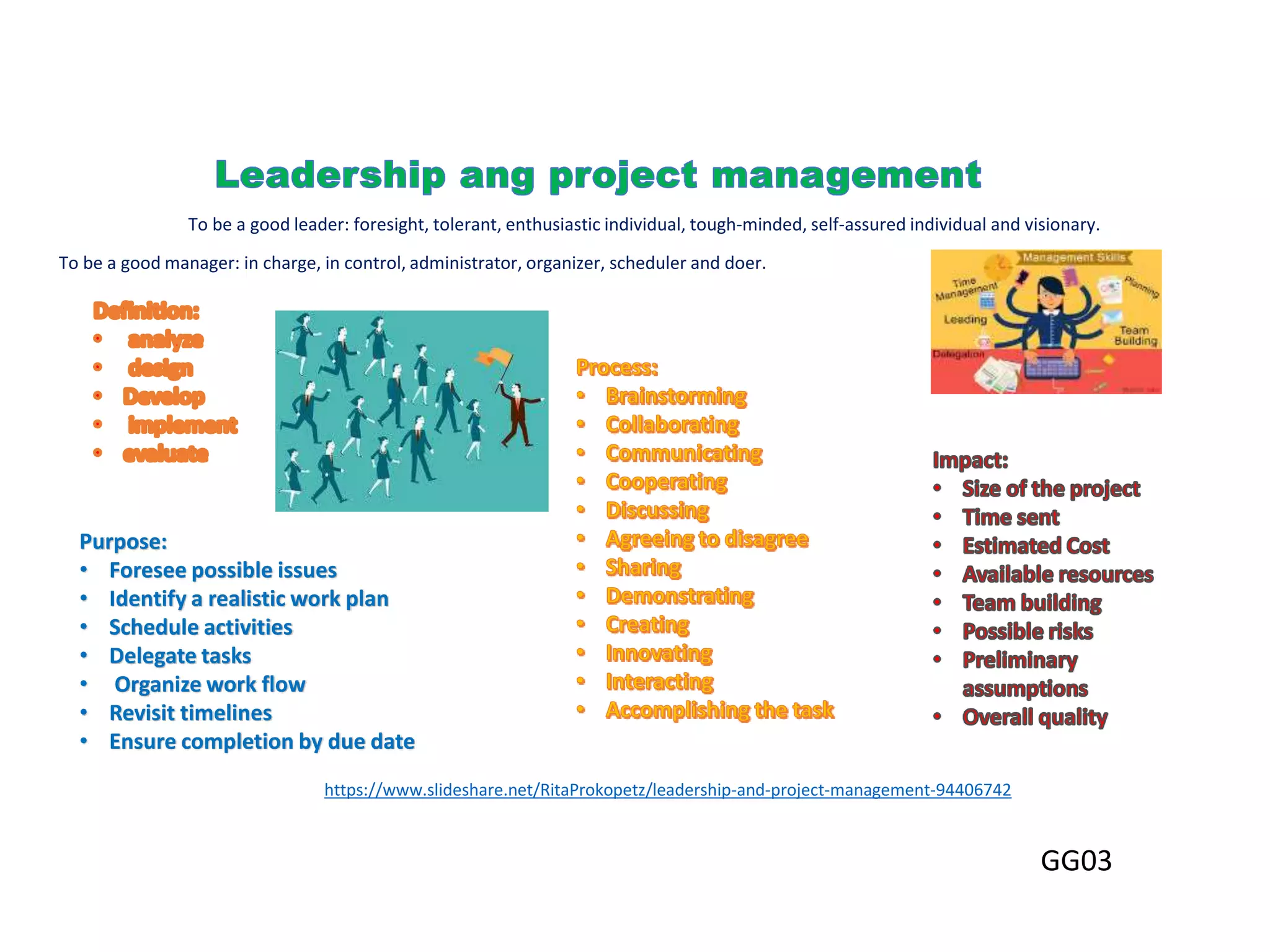 To be a good leader: foresight, tolerant, enthusiastic individual, tough-minded, self-assured individual and visionary.
To be a good manager: in charge, in control, administrator, organizer, scheduler and doer.
Purpose:
• Foresee possible issues
• Identify a realistic work plan
• Schedule activities
• Delegate tasks
• Organize work flow
• Revisit timelines
• Ensure completion by due date
https://www.slideshare.net/RitaProkopetz/leadership-and-project-management-94406742
GG03
 