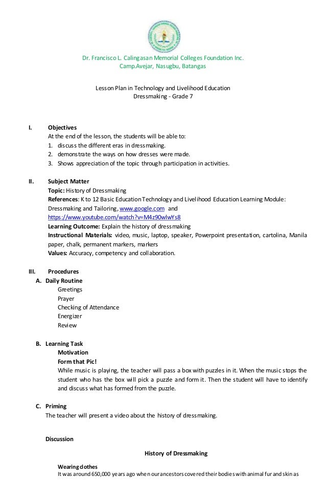 Semi Detailed Lesson Plan In TL E History Of Dressmaking