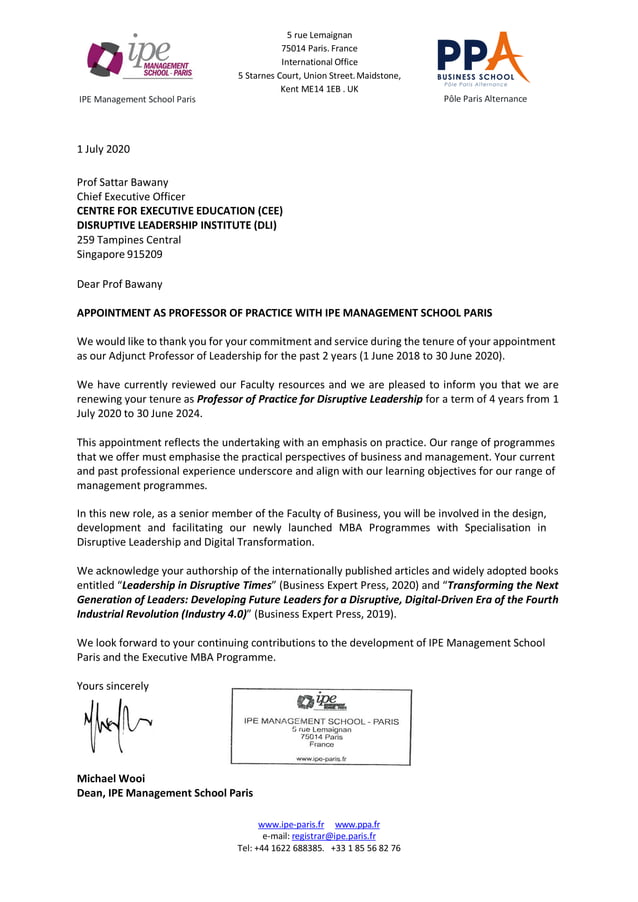 Letter Of Appointment As Professor Of Practice With IPE Management 