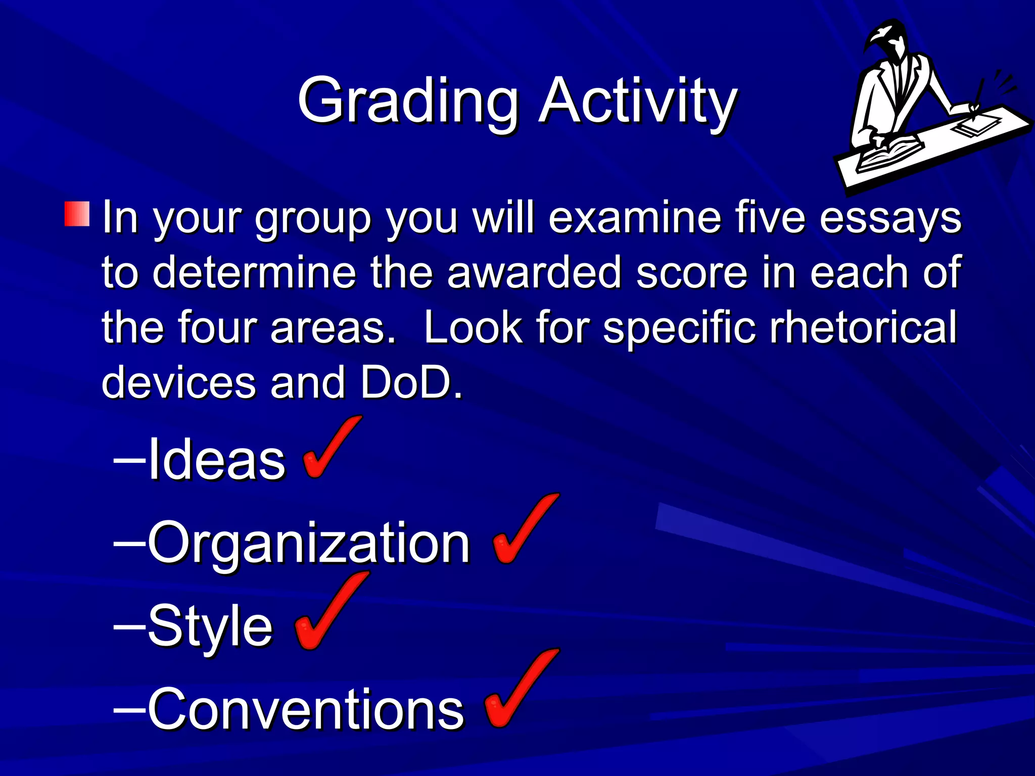 Grading ActivityGrading Activity
In your group you will examine five essaysIn your group you will examine five essays
to determine the awarded score in each ofto determine the awarded score in each of
the four areas. Look for specific rhetoricalthe four areas. Look for specific rhetorical
devices and DoD.devices and DoD.
–IdeasIdeas
–OrganizationOrganization
–StyleStyle
–ConventionsConventions
 