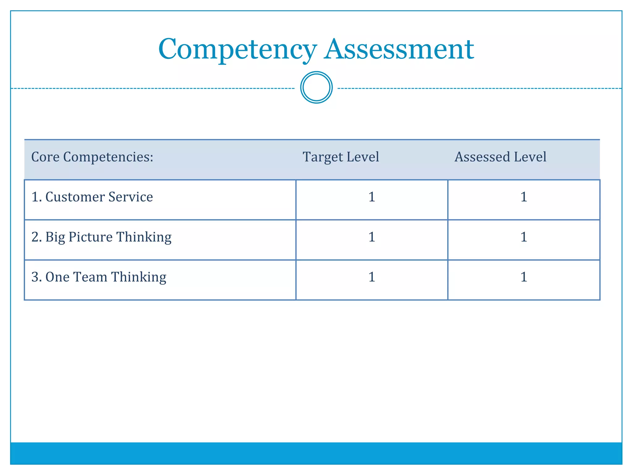 Core Competencies: Target Level Assessed Level
1. Customer Service 1 1
2. Big Picture Thinking 1 1
3. One Team Thinking 1 1
Competency Assessment
 