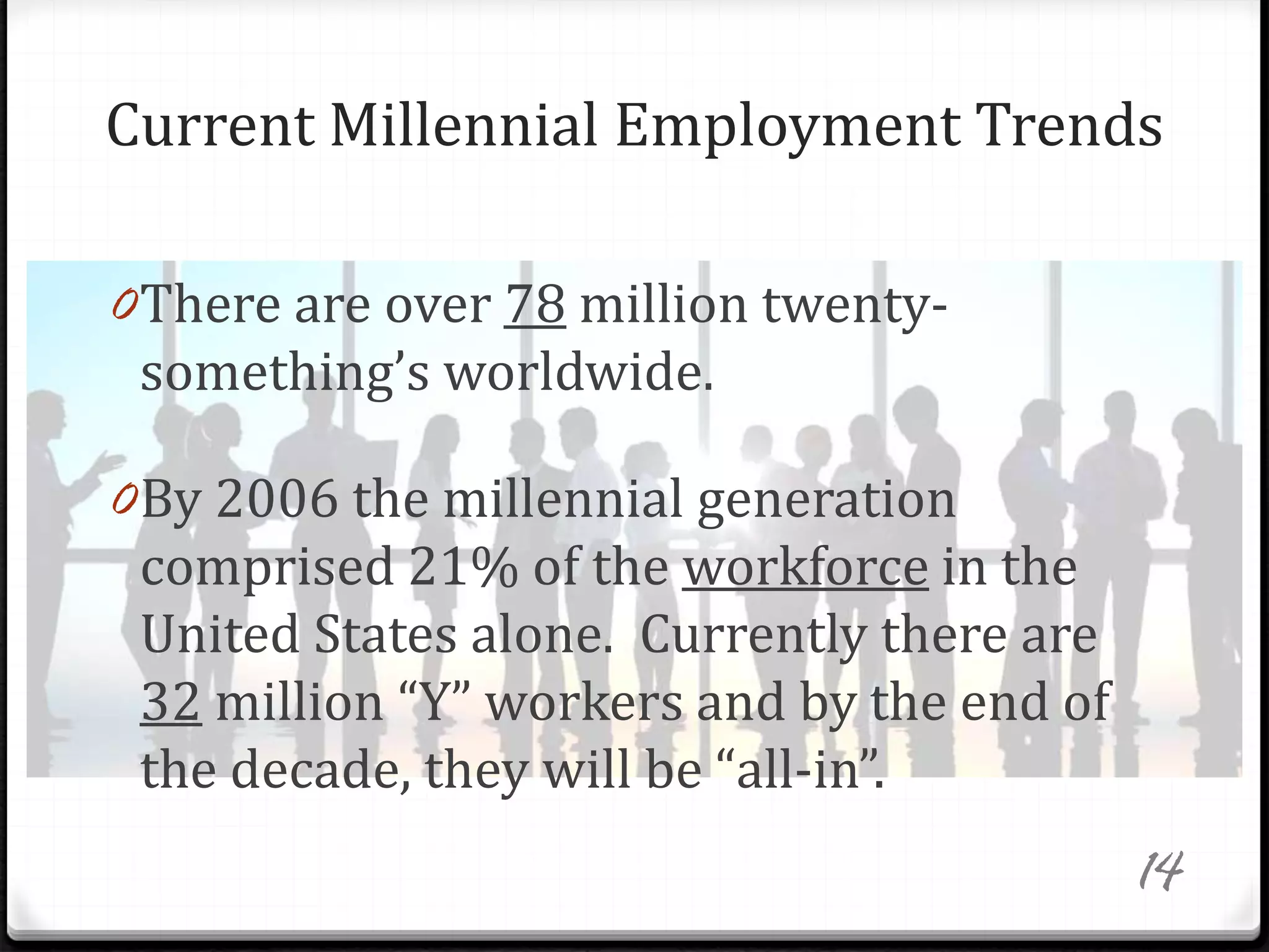 Current Millennial Employment Trends
0There are over 78 million twenty-
something’s worldwide.
0By 2006 the millennial generation
comprised 21% of the workforce in the
United States alone. Currently there are
32 million “Y” workers and by the end of
the decade, they will be “all-in”.
14
 