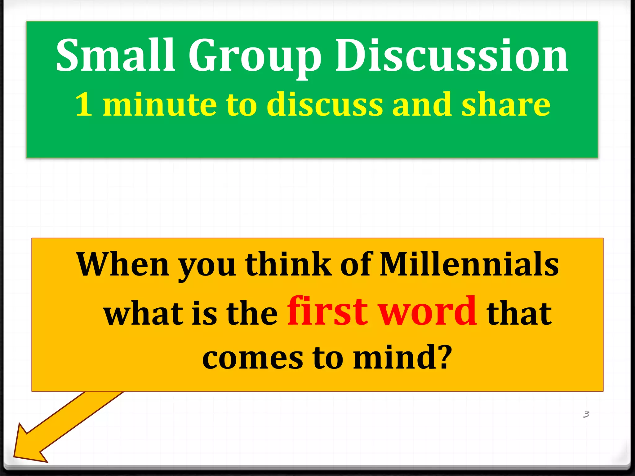 Lets make a list of Resources
using our webinar attendees
When you think of Millennials
what is the first word that
comes to mind?
Small Group Discussion
1 minute to discuss and share
3
 