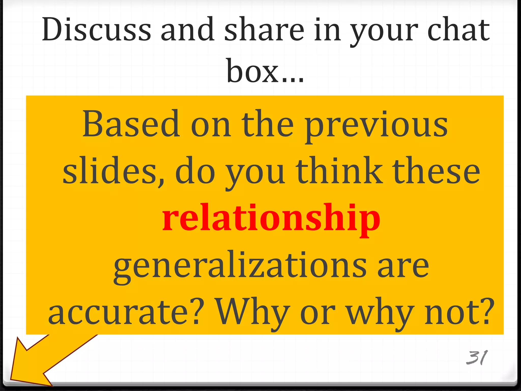 Based on the previous
slides, do you think these
relationship
generalizations are
accurate? Why or why not?
Discuss and share in your chat
box…
31
 