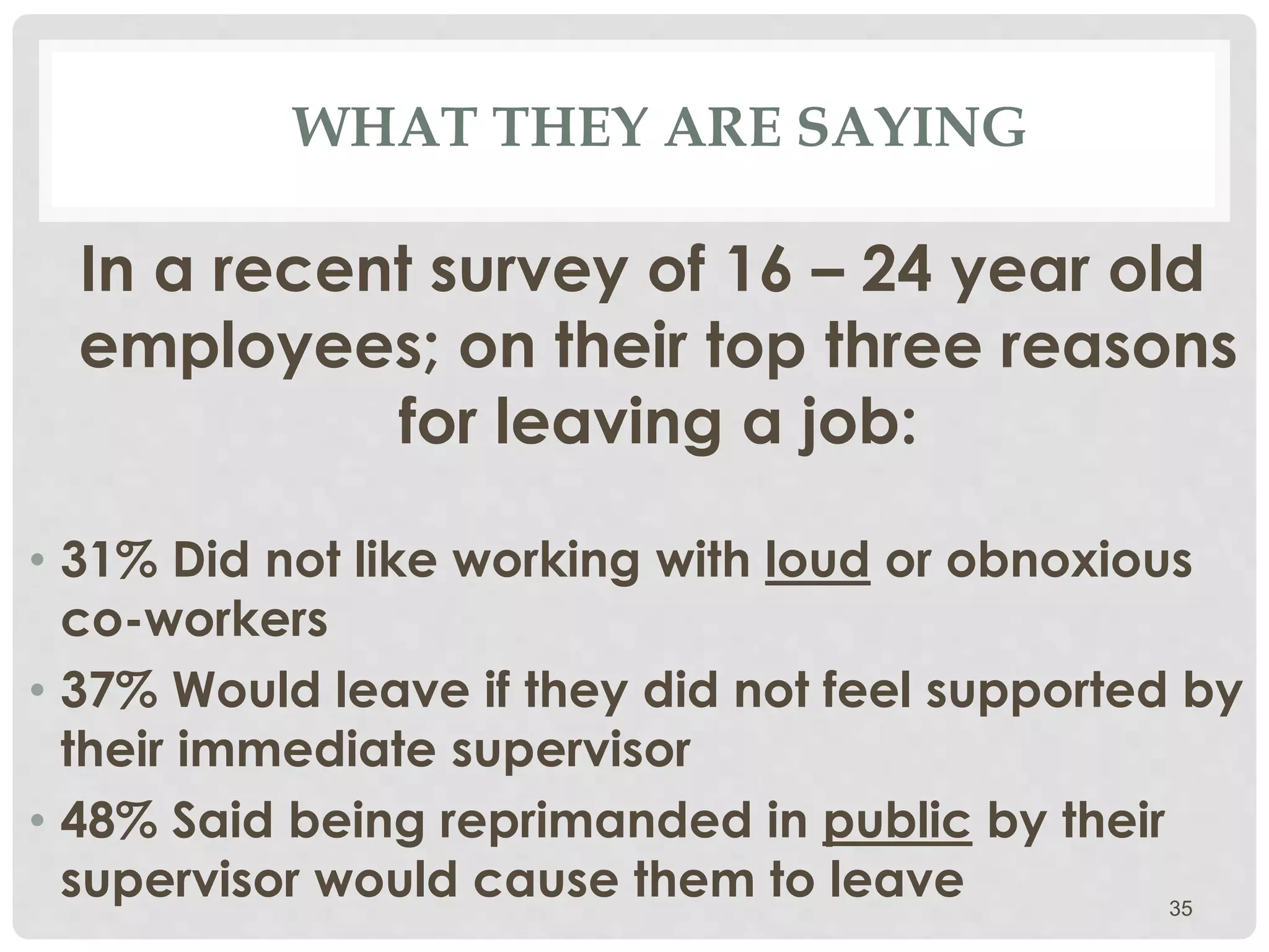 WHAT THEY ARE SAYING
In a recent survey of 16 – 24 year old
employees; on their top three reasons
for leaving a job:
• 31% Did not like working with loud or obnoxious
co-workers
• 37% Would leave if they did not feel supported by
their immediate supervisor
• 48% Said being reprimanded in public by their
supervisor would cause them to leave 35
 