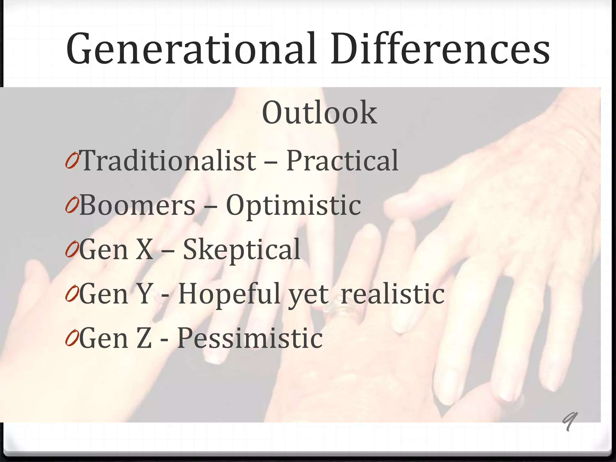 Generational Differences
0Traditionalist – Practical
0Boomers – Optimistic
0Gen X – Skeptical
0Gen Y - Hopeful yet realistic
0Gen Z - Pessimistic
Outlook
9
 