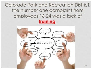 Colorado Park and Recreation District,
the number one complaint from
employees 16-24 was a lack of
training.
47
 
