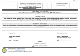 5 | P a g e
Address: Mambog, Pinabacdao, Samar
Email Address: 303640@deped.gov.ph
Facebook Page: Quintin Quijano Sr. Agricultural School
 Mentoring of pre-service/in-service teachers;
 Conducted research within the rating period;
 Others (please specify)
With annotation on how it contributed to the
teaching-learning process.
factors/various school
related activities
VALUE-ADDED CONTRIBUTIONS
Hard work and perseverance in accomplishing task given by the School Head/Superior.
LESSONS LEARNED
To be an effective teacher, one must learn to value work ethics, upgrade teaching skills through attending related seminars/ trainings and continue
Learning from mentors and superiors in the department to give learners the right education.
ISSUES AND RESOLUTIONS
Coping up/ catching lessons due to extra-curricular activities and other school related activities. Giving the right actions to slow learners due to habitual
absenteeism
Prepared by: Checked and verified:
RENALYN C. HILVANO GRACE T. MANAGASE
SST-III RSD-I Head Designate /SST-III
Date: ___12-1-2023 Date: ____________________
Approved:
RAMEL F. PAJARILLO
Secondary School Principal I
Date: ________________________
 