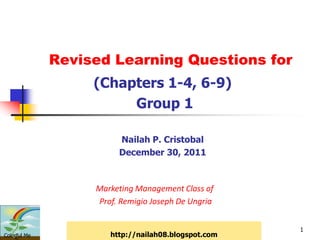 Revised Learning Questions for
                   (Chapters 1-4, 6-9)
                        Group 1

                        Nailah P. Cristobal
                        December 30, 2011



                   Marketing Management Class of
                   Prof. Remigio Joseph De Ungria


                                                     1
Colorful Me           http://nailah08.blogspot.com
 