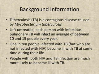 Background Information 
• Tuberculosis (TB) is a contagious disease caused 
by Mycobacterium tuberculosis 
• Left untreated, each person with infectious 
pulmonary TB will infect an average of between 
10 and 15 people every year. 
• One in ten people infected with TB (but who are 
not infected with HIV) become ill with TB at some 
time during their life. 
• People with both HIV and TB infection are much 
more likely to become ill with TB. 
 