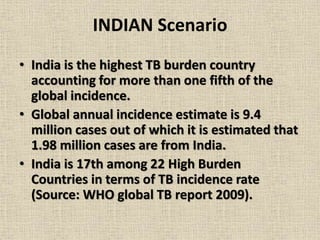 INDIAN Scenario 
• India is the highest TB burden country 
accounting for more than one fifth of the 
global incidence. 
• Global annual incidence estimate is 9.4 
million cases out of which it is estimated that 
1.98 million cases are from India. 
• India is 17th among 22 High Burden 
Countries in terms of TB incidence rate 
(Source: WHO global TB report 2009). 
 