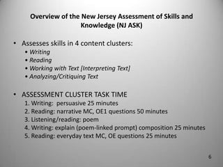 Overview of the New Jersey Assessment of Skills and Knowledge (NJ ASK)<br />Assesses skills in 4 content clusters:<br />• ...