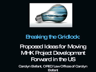 Breaking the Gridlock: Proposed Ideas for Moving MHK Project Development Forward in the US Carolyn Elefant, OREC/Law Offices of Carolyn Elefant Marine Renewables Framework: Challenges & Solutions METAP Webinar Series (July 15, 2010) 