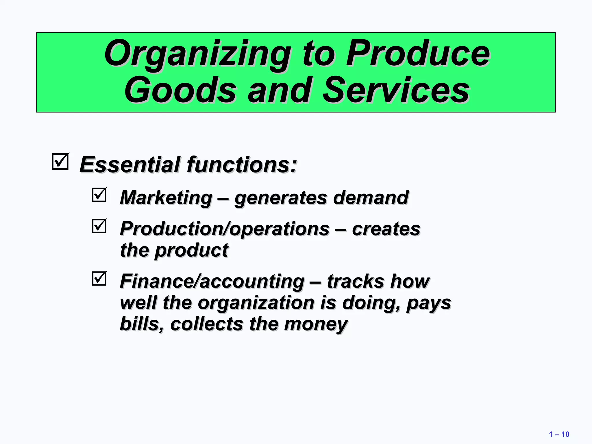 1 – 10 
OOrrggaanniizziinngg ttoo PPrroodduuccee 
GGooooddss aanndd SSeerrvviicceess 
 EEsssseennttiiaall ffuunnccttiioonnss:: 
 MMaarrkkeettiinngg –– ggeenneerraatteess ddeemmaanndd 
 PPrroodduuccttiioonn//ooppeerraattiioonnss –– ccrreeaatteess 
tthhee pprroodduucctt 
 FFiinnaannccee//aaccccoouunnttiinngg –– ttrraacckkss hhooww 
wweellll tthhee oorrggaanniizzaattiioonn iiss ddooiinngg,, ppaayyss 
bbiillllss,, ccoolllleeccttss tthhee mmoonneeyy 
 