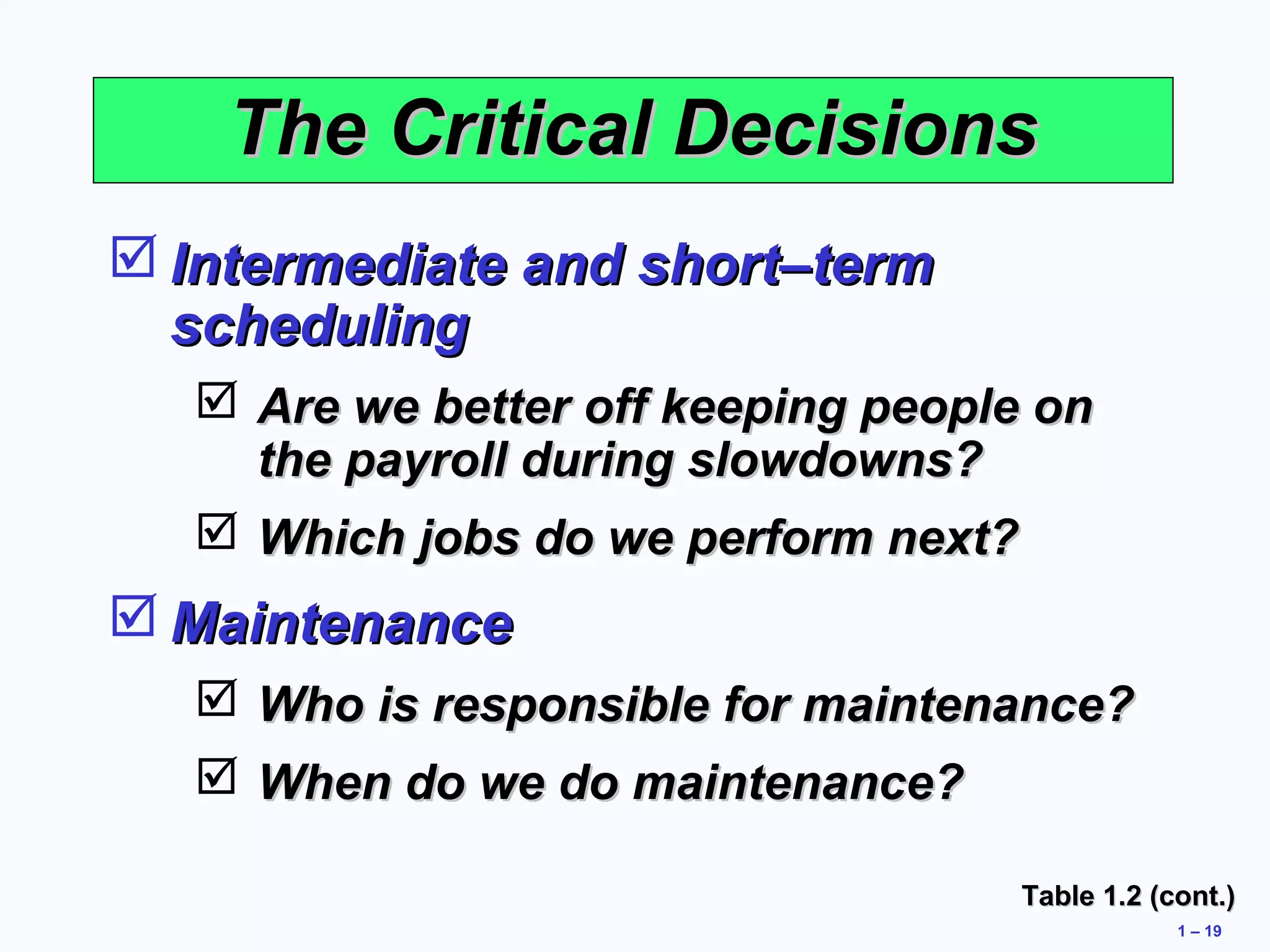 1 – 19 
TThhee CCrriittiiccaall DDeecciissiioonnss 
IInntteerrmmeeddiiaattee aanndd sshhoorrtt––tteerrmm 
sscchheedduulliinngg 
 AArree wwee bbeetttteerr ooffff kkeeeeppiinngg ppeeooppllee oonn 
tthhee ppaayyrroollll dduurriinngg sslloowwddoowwnnss?? 
 WWhhiicchh jjoobbss ddoo wwee ppeerrffoorrmm nneexxtt?? 
MMaaiinntteennaannccee 
 WWhhoo iiss rreessppoonnssiibbllee ffoorr mmaaiinntteennaannccee?? 
 WWhheenn ddoo wwee ddoo mmaaiinntteennaannccee?? 
TTaabbllee 11..22 ((ccoonntt..)) 
 