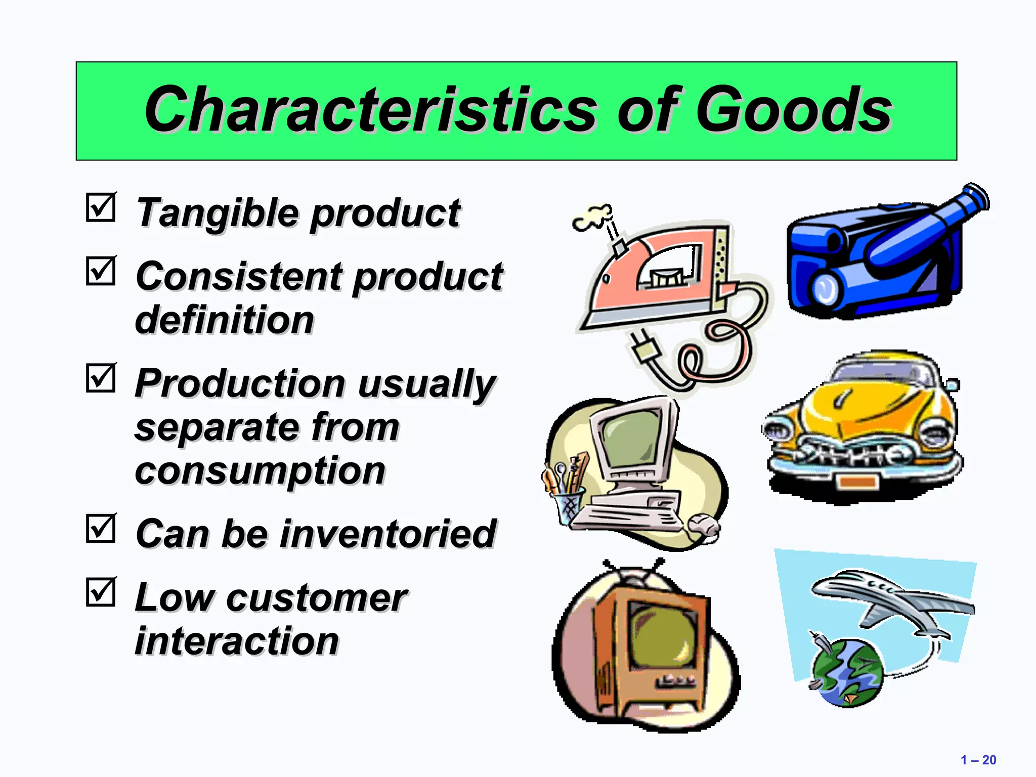 1 – 20 
CChhaarraacctteerriissttiiccss ooff GGooooddss 
 TTaannggiibbllee pprroodduucctt 
 CCoonnssiisstteenntt pprroodduucctt 
ddeeffiinniittiioonn 
 PPrroodduuccttiioonn uussuuaallllyy 
sseeppaarraattee ffrroomm 
ccoonnssuummppttiioonn 
 CCaann bbee iinnvveennttoorriieedd 
 LLooww ccuussttoommeerr 
iinntteerraaccttiioonn 
 