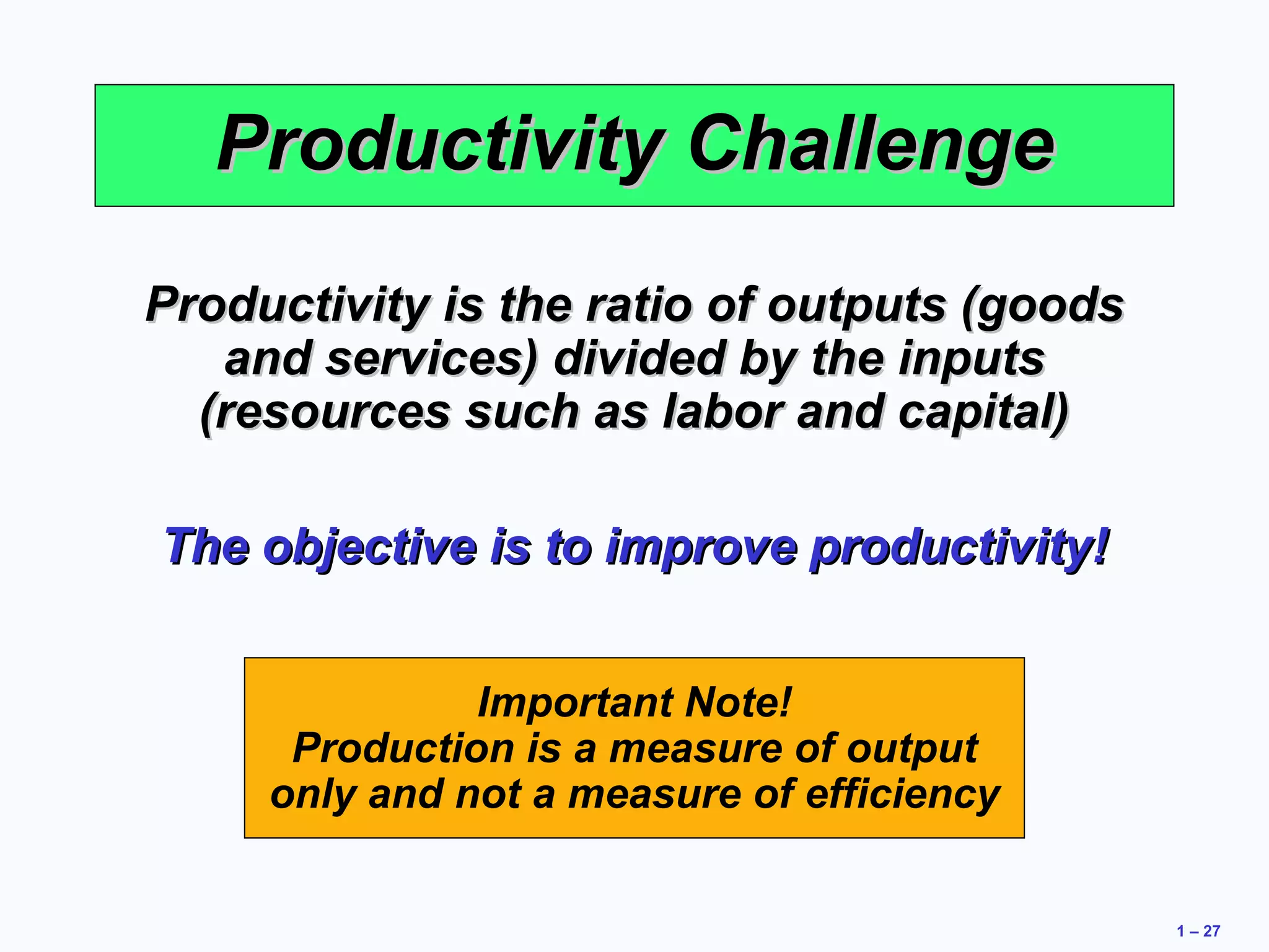 1 – 27 
PPrroodduuccttiivviittyy CChhaalllleennggee 
PPrroodduuccttiivviittyy iiss tthhee rraattiioo ooff oouuttppuuttss ((ggooooddss 
aanndd sseerrvviicceess)) ddiivviiddeedd bbyy tthhee iinnppuuttss 
((rreessoouurrcceess ssuucchh aass llaabboorr aanndd ccaappiittaall)) 
TThhee oobbjjeeccttiivvee iiss ttoo iimmpprroovvee pprroodduuccttiivviittyy!! 
Important Note! 
Production is a measure of output 
only and not a measure of efficiency 
 
