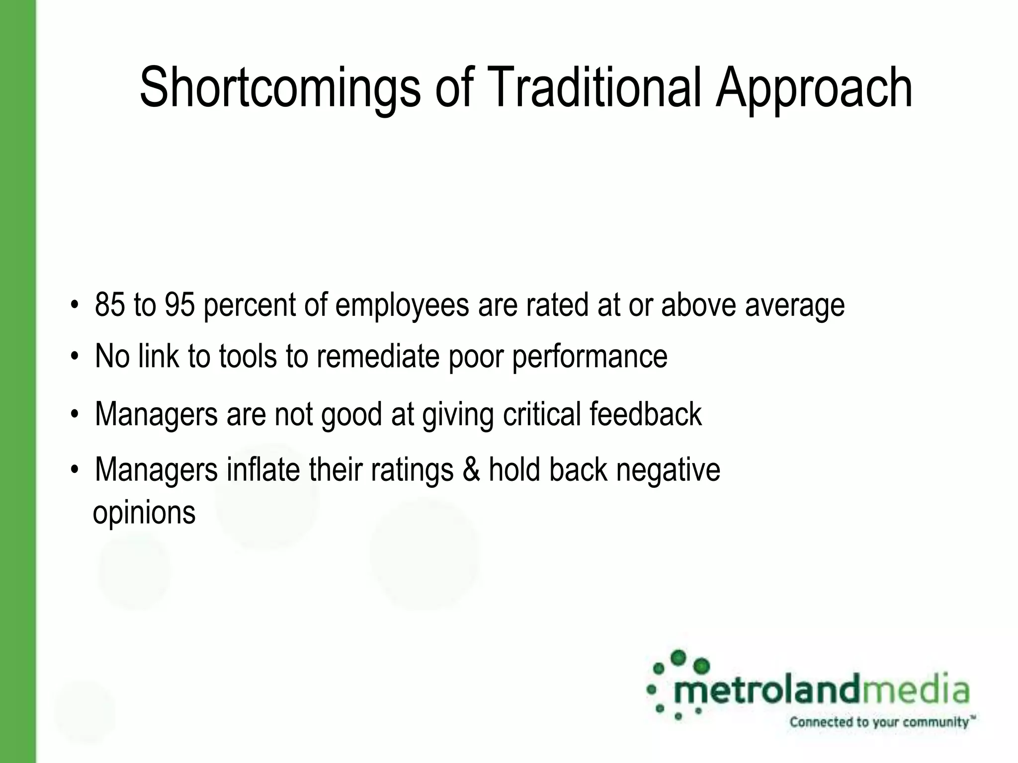 Shortcomings of Traditional Approach


• 85 to 95 percent of employees are rated at or above average
• No link to tools to remediate poor performance
• Managers are not good at giving critical feedback
• Managers inflate their ratings & hold back negative
  opinions
 