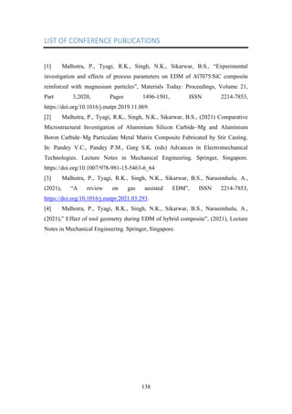 138
LIST OF CONFERENCE PUBLICATIONS
[1] Malhotra, P., Tyagi, R.K., Singh, N.K., Sikarwar, B.S., “Experimental
investigation and effects of process parameters on EDM of Al7075/SiC composite
reinforced with magnesium particles”, Materials Today: Proceedings, Volume 21,
Part 3,2020, Pages 1496-1501, ISSN 2214-7853,
https://doi.org/10.1016/j.matpr.2019.11.069.
[2] Malhotra, P., Tyagi, R.K., Singh, N.K., Sikarwar, B.S., (2021) Comparative
Microstructural Investigation of Aluminium Silicon Carbide–Mg and Aluminium
Boron Carbide–Mg Particulate Metal Matrix Composite Fabricated by Stir Casting.
In: Pandey V.C., Pandey P.M., Garg S.K. (eds) Advances in Electromechanical
Technologies. Lecture Notes in Mechanical Engineering. Springer, Singapore.
https://doi.org/10.1007/978-981-15-5463-6_64
[3] Malhotra, P., Tyagi, R.K., Singh, N.K., Sikarwar, B.S., Narasimhulu, A.,
(2021), “A review on gas assisted EDM”, ISSN 2214-7853,
https://doi.org/10.1016/j.matpr.2021.03.293.
[4] Malhotra, P., Tyagi, R.K., Singh, N.K., Sikarwar, B.S., Narasimhulu, A.,
(2021),” Effect of tool geometry during EDM of hybrid composite”, (2021), Lecture
Notes in Mechanical Engineering. Springer, Singapore.
 