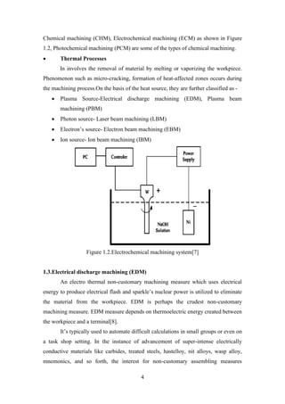 4
Chemical machining (CHM), Electrochemical machining (ECM) as shown in Figure
1.2, Photochemical machining (PCM) are some of the types of chemical machining.
• Thermal Processes
In involves the removal of material by melting or vaporizing the workpiece.
Phenomenon such as micro-cracking, formation of heat-affected zones occurs during
the machining process.On the basis of the heat source, they are further classified as -
• Plasma Source-Electrical discharge machining (EDM), Plasma beam
machining (PBM)
• Photon source- Laser beam machining (LBM)
• Electron’s source- Electron beam machining (EBM)
• Ion source- Ion beam machining (IBM)
Figure 1.2.Electrochemical machining system[7]
1.3.Electrical discharge machining (EDM)
An electro thermal non-customary machining measure which uses electrical
energy to produce electrical flash and sparkle’s nuclear power is utilized to eliminate
the material from the workpiece. EDM is perhaps the crudest non-customary
machining measure. EDM measure depends on thermoelectric energy created between
the workpiece and a terminal[8].
It’s typically used to automate difficult calculations in small groups or even on
a task shop setting. In the instance of advancement of super-intense electrically
conductive materials like carbides, treated steels, hastelloy, nit alloys, wasp alloy,
mnemonics, and so forth, the interest for non-customary assembling measures
 
