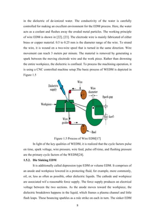 8
in the dielectric of de-ionized water. The conductivity of the water is carefully
controlled for making an excellent environment for the EDM process. Here, the water
acts as a coolant and flushes away the eroded metal particles. The working principle
of wire EDM is shown in [22], [23]. The electrode wire is mainly fabricated of either
brass or copper material. 0.5 to 0.25 mm is the diameter range of the wire. To strand
the wire, it is wound on a two-wire spool that is turned in the same direction. Wire
movement can reach 3 meters per minute. The material is removed by generating a
spark between the moving electrode wire and the work piece. Rather than drowning
the entire workpiece, the dielectric is confined. To process the machining operation, it
is using a CNC controlled machine setup.The basic process of WEDM is depicted in
Figure 1.5
Figure 1.5 Process of Wire EDM[17]
In light of the key qualities of WEDM, it is realized that the cycle factors pulse
on time, spark voltage, wire pressure, wire feed, pulse off-time, and flushing pressure
are the primary cycle factors of the WEDM[24].
1.5.2. Die Sinking EDM
It is additionally called depression type EDM or volume EDM. It comprises of
an anode and workpiece lowered in a protecting fluid, for example, more commonly,
oil, or, less as often as possible, other dielectric liquids. The cathode and workpiece
are associated wif a reasonable force supply. The force supply produces an electrical
voltage between the two sections. As the anode moves toward the workpiece, the
dielectric breakdown happens in the liquid, which frames a plasma channel and little
flash leaps. These bouncing sparkles as a rule strike on each in turn. The sinker EDM
 