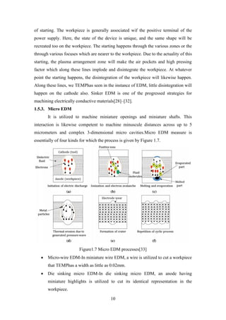10
of starting. The workpiece is generally associated wif the positive terminal of the
power supply. Here, the state of the device is unique, and the same shape will be
recreated too on the workpiece. The starting happens through the various zones or the
through various focuses which are nearer to the workpiece. Due to the actuality of this
starting, the plasma arrangement zone will make the air pockets and high pressing
factor which along these lines implode and disintegrate the workpiece. At whatever
point the starting happens, the disintegration of the workpiece will likewise happen.
Along these lines, we TEMPhas seen in the instance of EDM, little disintegration will
happen on the cathode also. Sinker EDM is one of the progressed strategies for
machining electrically conductive materials[28]–[32].
1.5.3. Micro EDM
It is utilized to machine miniature openings and miniature shafts. This
interaction is likewise competent to machine minuscule distances across up to 5
micrometers and complex 3-dimensional micro cavities.Micro EDM measure is
essentially of four kinds for which the process is given by Figure 1.7.
Figure1.7 Micro EDM processes[33]
• Micro-wire EDM-In miniature wire EDM, a wire is utilized to cut a workpiece
that TEMPhas a width as little as 0.02mm.
• Die sinking micro EDM-In die sinking micro EDM, an anode having
miniature highlights is utilized to cut its identical representation in the
workpiece.
 