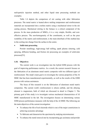 26
melt-particle injection method, and other liquid state processing methods are
examples.
Table 1.4 depicts the comparison of stir casting with other fabrication
processes. The metal matrix is heated above melting temperature and reinforcement
materials are incorporated into a molten matrix using a mechanical stirrer in the stir
casting process. Mechanical stirring in the furnace is a critical component of the
process. In the mass production of MMCs, it is a very simple, flexible, and cost-
effective process. The non-homogeneity of the constituents, as well as the poor
wetability of the matrix and reinforcement, is the main drawback of this method due
to the cooling rate change from the surface to the centre.
• Solid state processing
Powder metallurgy, high-energy ball milling, spark plasma sintering, cold
spraying, diffusion bonding, and friction stir processing are examples of solid-state
processes[51].
1.18. Objectives
The current work is an investigation into the hybrid EDM process with the
goal of improving performance metrics. As a result, the current research focuses on
the fabrication of an aluminum metal matrix composite with two different types of
reinforcement. The study's main goal is to investigate the various properties of the Al
MMC that has been manufactured experimentally, as well as the results of the EDM
process with various assistances.
The focus of this research is on the fabrication of aluminum metal matrix
composites. The current work's reinforcement is silicon carbide, and the alloying
element is magnesium, both of which are discussed in detail in Chapter 3. The
primary goal of this study is to investigate various mechanical characteristics of Al
MMC manufactured in the lab. The investigation focuses on determining various
EDM process performance measures with the help of the Al MMC.The following are
the main objectives of the current investigation:
• To enhance the life of tool electrode which is one of the major constrictions in
achieving economic advantage
• To fabricate and characterize the specimens by studying microstructure
• To enhance the metal removal rate by incorporating gas assistance and powder
 