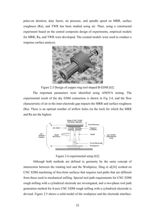32
pulse-on duration, duty factor, air pressure, and spindle speed on MRR, surface
roughness (Ra), and TWR has been studied using air. Then, using a constructed
experiment based on the central composite design of experiments, empirical models
for MRR, Ra, and TWR were developed. The created models were used to conduct a
response surface analysis.
Figure 2.3 Design of copper ring tool shaped B-EDM [62]
The important parameters were identified using ANOVA testing. The
experimental result of the dry EDM connection is shown in Fig 2.4, and the flow
characteristic of air in the inter-electrode gap impacts the MRR and surface roughness
(Ra). There is an optimal number of airflow holes (in the tool) for which the MRR
and Ra are the highest.
Figure 2.4 experimental setup [62]
Although both methods are defined in geometry by the same concept of
intersection between the rotating tool and the Workpiece, Ding et al[16] worked on
CNC EDM machining of free-form surfaces that requires tool paths that are different
from those used in mechanical milling. Special tool path requirements for CNC EDM
rough milling with a cylindrical electrode are investigated, and a two-phase tool path
generation method for 4-axis CNC EDM rough milling with a cylindrical electrode is
devised. Figure 2.5 shows a solid model of the workpiece and the electrode interface.
 