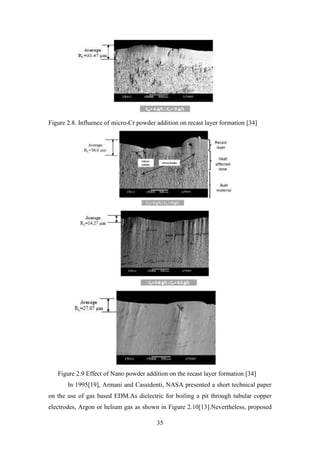 35
Figure 2.8. Influence of micro-Cr powder addition on recast layer formation [34]
Figure 2.9 Effect of Nano powder addition on the recast layer formation [34]
In 1995[19], Armani and Cassidenti, NASA presented a short technical paper
on the use of gas based EDM.As dielectric for boiling a pit through tubular copper
electrodes, Argon or helium gas as shown in Figure 2.10[13].Nevertheless, proposed
 