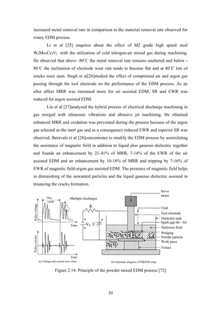39
increased metal removal rate in comparison to the material removal rate observed for
rotary EDM process.
Li et al [25] enquires about the effect of M2 grade high speed steel
W6Mo5Cr4V2 with the utilization of cold nitrogen-air mixed gas during machining.
He observed that above -80˚C the metal removal rate remains unaltered and below -
80˚C the inclination of electrode wear rate tends to become flat and at 80˚C lots of
cracks were seen. Singh et al[26]studied the effect of compressed air and argon gas
passing through the tool electrode on the performance of the EDM process. As an
after affect MRR was increased more for air assisted EDM, SR and EWR was
reduced for argon assisted EDM.
Lin et al [27]analyzed the hybrid process of electrical discharge machining in
gas merged with ultrasonic vibrations and abrasive jet machining. He obtained
enhanced MRR and oxidation was prevented during the process because of the argon
gas selected as the inert gas and as a consequence reduced EWR and superior SR was
observed. Beravala et al [28]concentrates to modify the EDM process by assimilating
the assistance of magnetic field in addition to liquid plus gaseous dielectric together
and founds an enhancement by 21-41% of MRR, 7-14% of the EWR of the air
assisted EDM and an enhancement by 10-18% of MRR and tripping by 7-16% of
EWR of magnetic field-argon gas assisted EDM. The presence of magnetic field helps
in diminishing of the unwanted particles and the liquid gaseous dielectric assisted in
trouncing the cracks formation.
Figure 2.14: Principle of the powder mixed EDM process [72]
 