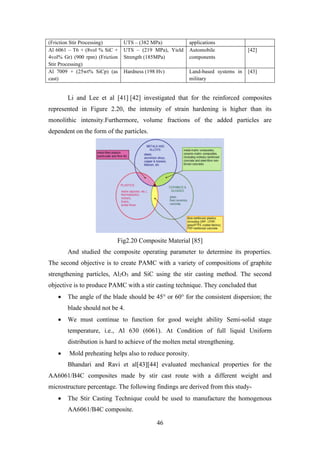 46
(Friction Stir Processing) UTS – (382 MPa) applications
Al 6061 – T6 + (8vol % SiC +
4vol% Gr) (900 rpm) (Friction
Stir Processing)
UTS – (219 MPa), Yield
Strength (185MPa)
Automobile
components
[42]
Al 7009 + (25wt% SiCp) (as
cast)
Hardness (198 Hv) Land-based systems in
military
[43]
Li and Lee et al [41] [42] investigated that for the reinforced composites
represented in Figure 2.20, the intensity of strain hardening is higher than its
monolithic intensity.Furthermore, volume fractions of the added particles are
dependent on the form of the particles.
Fig2.20 Composite Material [85]
And studied the composite operating parameter to determine its properties.
The second objective is to create PAMC with a variety of compositions of graphite
strengthening particles, Al2O3 and SiC using the stir casting method. The second
objective is to produce PAMC with a stir casting technique. They concluded that
• The angle of the blade should be 45° or 60° for the consistent dispersion; the
blade should not be 4.
• We must continue to function for good weight ability Semi-solid stage
temperature, i.e., Al 630 (6061). At Condition of full liquid Uniform
distribution is hard to achieve of the molten metal strengthening.
• Mold preheating helps also to reduce porosity.
Bhandari and Ravi et al[43][44] evaluated mechanical properties for the
AA6061/B4C composites made by stir cast route with a different weight and
microstructure percentage. The following findings are derived from this study-
• The Stir Casting Technique could be used to manufacture the homogenous
AA6061/B4C composite.
 