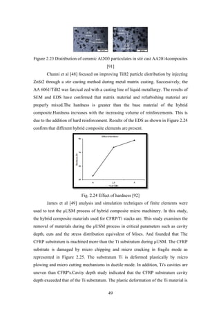 49
Figure 2.23 Distribution of ceramic Al2O3 particulates in stir cast AA2014composites
[91]
Channi et al [48] focused on improving TiB2 particle distribution by injecting
ZnSt2 through a stir casting method during metal matrix casting. Successively, the
AA 6061/TiB2 was farcical zed with a casting line of liquid metallurgy. The results of
SEM and EDS have confirmed that matrix material and refurbishing material are
properly mixed.The hardness is greater than the base material of the hybrid
composite.Hardness increases with the increasing volume of reinforcements. This is
due to the addition of hard reinforcement. Results of the EDS as shown in Figure 2.24
confirm that different hybrid composite elements are present.
Fig. 2.24 Effect of hardness [92]
James et al [49] analysis and simulation techniques of finite elements were
used to test the μUSM process of hybrid composite micro machinery. In this study,
the hybrid composite materials used for CFRP/Ti stacks are. This study examines the
removal of materials during the μUSM process in critical parameters such as cavity
depth, cuts and the stress distribution equivalent of Mises. And founded that The
CFRP substratum is machined more than the Ti substratum during μUSM. The CFRP
substrate is damaged by micro chipping and micro cracking in fragile mode as
represented in Figure 2.25. The substratum Ti is deformed plastically by micro
plowing and micro cutting mechanisms in ductile mode. In addition, Ti's cavities are
uneven than CFRP's.Cavity depth study indicated that the CFRP substratum cavity
depth exceeded that of the Ti substratum. The plastic deformation of the Ti material is
 