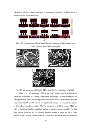 50
inferred as offering greater resistance to instrument movement, avoiding abrasive
penetration into the substrate bulk.
Fig. 2.25. Equivalent von Mises Stress Distribution during μUSM Process on a)
CFRP Substrate and b) Ti Substrate [93]
Fig.2.26. Microstructure of W1 after EDM at (a) 5A, (b) 10A and (c) 15A [94]
Muni et al [50] performed EDM on the newly formed hybrid Al-Matrix and
effects of factors like RHA-based composition percentage Electrode workpiece and
other parameters for SR machining with electrode tool brass. Observed that at least 8
wt. percent of RHA and 5A current, but significantly increase in 10A and 15A current
is detected as a machined surface SR. The composite with 10wt. percent RHA and
UTS is found but SR of the machined surface is found as high as possible. The 80V
high voltage level and 10 Psi flushing pressure provide a lower SR, i.e. a better
surface finish. The duty factor's moderate value at 16% and a low pulse-on-time value
 