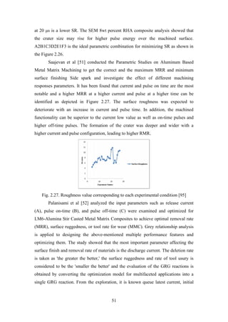 51
at 20 μs is a lower SR. The SEM 8wt percent RHA composite analysis showed that
the crater size may rise for higher pulse energy over the machined surface.
A2B1C3D2E1F3 is the ideal parametric combination for minimizing SR as shown in
the Figure 2.26.
Saajevan et al [51] conducted the Parametric Studies on Aluminum Based
Metal Matrix Machining to get the correct and the maximum MRR and minimum
surface finishing Side spark and investigate the effect of different machining
responses parameters. It has been found that current and pulse on time are the most
notable and a higher MRR at a higher current and pulse at a higher time can be
identified as depicted in Figure 2.27. The surface roughness was expected to
deteriorate with an increase in current and pulse time. In addition, the machined
functionality can be superior to the current low value as well as on-time pulses and
higher off-time pulses. The formation of the crater was deeper and wider with a
higher current and pulse configuration, leading to higher RMR.
Fig. 2.27. Roughness value corresponding to each experimental condition [95]
Palanisami et al [52] analyzed the input parameters such as release current
(A), pulse on-time (B), and pulse off-time (C) were examined and optimized for
LM6-Alumina Stir Casted Metal Matrix Composites to achieve optimal removal rate
(MRR), surface ruggedness, or tool rate for wear (MMC). Grey relationship analysis
is applied to designing the above-mentioned multiple performance features and
optimizing them. The study showed that the most important parameter affecting the
surface finish and removal rate of materials is the discharge current. The deletion rate
is taken as 'the greater the better,' the surface ruggedness and rate of tool usury is
considered to be the 'smaller the better' and the evaluation of the GRG reactions is
obtained by converting the optimization model for multifaceted applications into a
single GRG reaction. From the exploration, it is known queue latest current, initial
 
