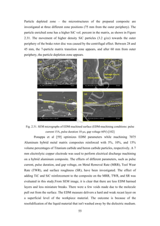 55
Particle depleted zone – the microstructures of the prepared composite are
investigated at three different zone positions (75 mm from the outer periphery). The
particle enriched zone has a higher SiC vol. percent in the matrix, as shown in Figure
2.31. The movement of higher density SiC particles (3.2 g/cc) towards the outer
periphery of the brake rotor disc was caused by the centrifugal effect. Between 28 and
45 mm, the 7-particle matrix transition zone appears, and after 60 mm from outer
periphery, the particle depletion zone appears.
Fig. 2.31. SEM micrographs of EDM machined surface (EDM-machining conditions: pulse
current 15A, pulse duration 10 µs, gap voltage 60V) [102]
Ponappa et al [59] optimizes EDM parameters while machining 7075
Aluminum hybrid metal matrix composites reinforced with 5%, 10%, and 15%
volume percentages of Titanium carbide and boron carbide particles, respectively. A 7
mm electrolytic copper electrode was used to perform electrical discharge machining
on a hybrid aluminum composite. The effects of different parameters, such as pulse
current, pulse duration, and gap voltage, on Metal Removal Rate (MRR), Tool Wear
Rate (TWR), and surface roughness (SR), have been investigated. The effect of
adding TiC and SiC reinforcement to the composite on the MRR, TWR, and SR was
evaluated in this study.From SEM image, it is clear that there are less EDM harmed
layers and less miniature breaks. There were a few voids made due to the molecule
pull out from the surface. The EDM measure delivers a hard and weak recast layer on
a superficial level of the workpiece material. The outcome is because of the
resolidification of the liquid material that isn't washed away by the dielectric medium.
 