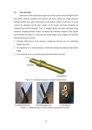 63
3.2. Tool electrode
Fabrication of the multi holed copper tool with eccentric holes through the tool
and tooltip offering optimum heat transfer has been carried out. High precision
drilling machine was used to drill holes on the bottom surface of the tool. To avoid
overcut the diameter and the face corners of the copper and brass electrode are
machined and beveled properly. Tool is weighed before and after machining using
electronic weighing balance. Figure 3.4 depicts the schematic diagram of the copper
tool electrode and Figure 3.5 represents the actual images of the copper tool electrode
used for the present research.
• Flushing effectiveness of the process is improved with the use of a multi-hole
tubular electrode.
• In comparison to a solid electrode, a multi-hole tubular electrode provides better
MRR.
• Low electrode wear is evinced using multi-hole tubular electrode
Figure 3.4. Schematic diagram of copper tool electrode
(a) Multi holed tool (b) Solid copper tool (c) Workpiece
Figure 3.5. Different types of Tool utilized in the present research
 