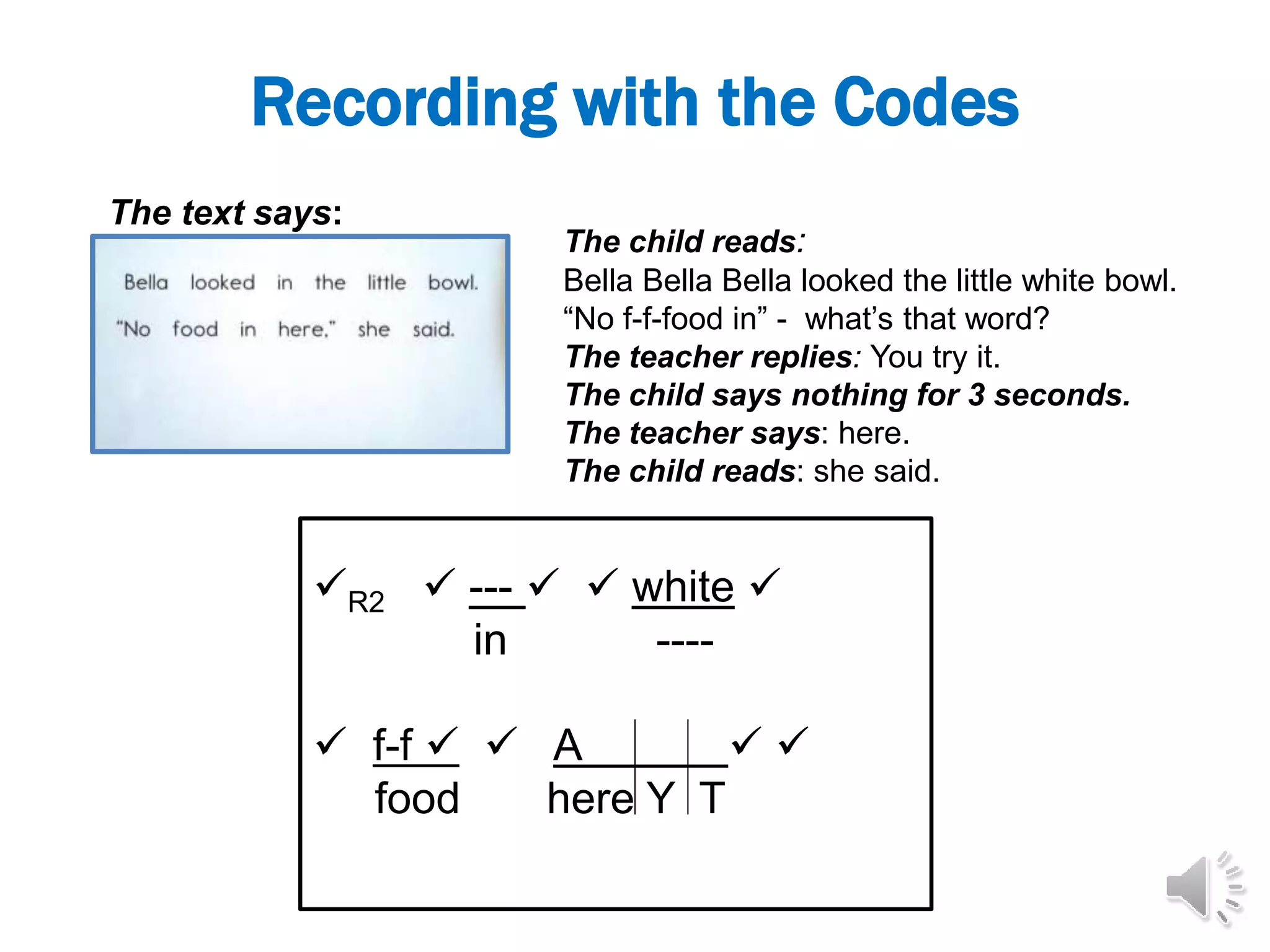 Recording with the Codes
R2  ---   white 
in ----
 f-f   A  
food here Y T
The child reads:
Bella Bella Bella looked the little white bowl.
“No f-f-food in” - what’s that word?
The teacher replies: You try it.
The child says nothing for 3 seconds.
The teacher says: here.
The child reads: she said.
The text says:
 