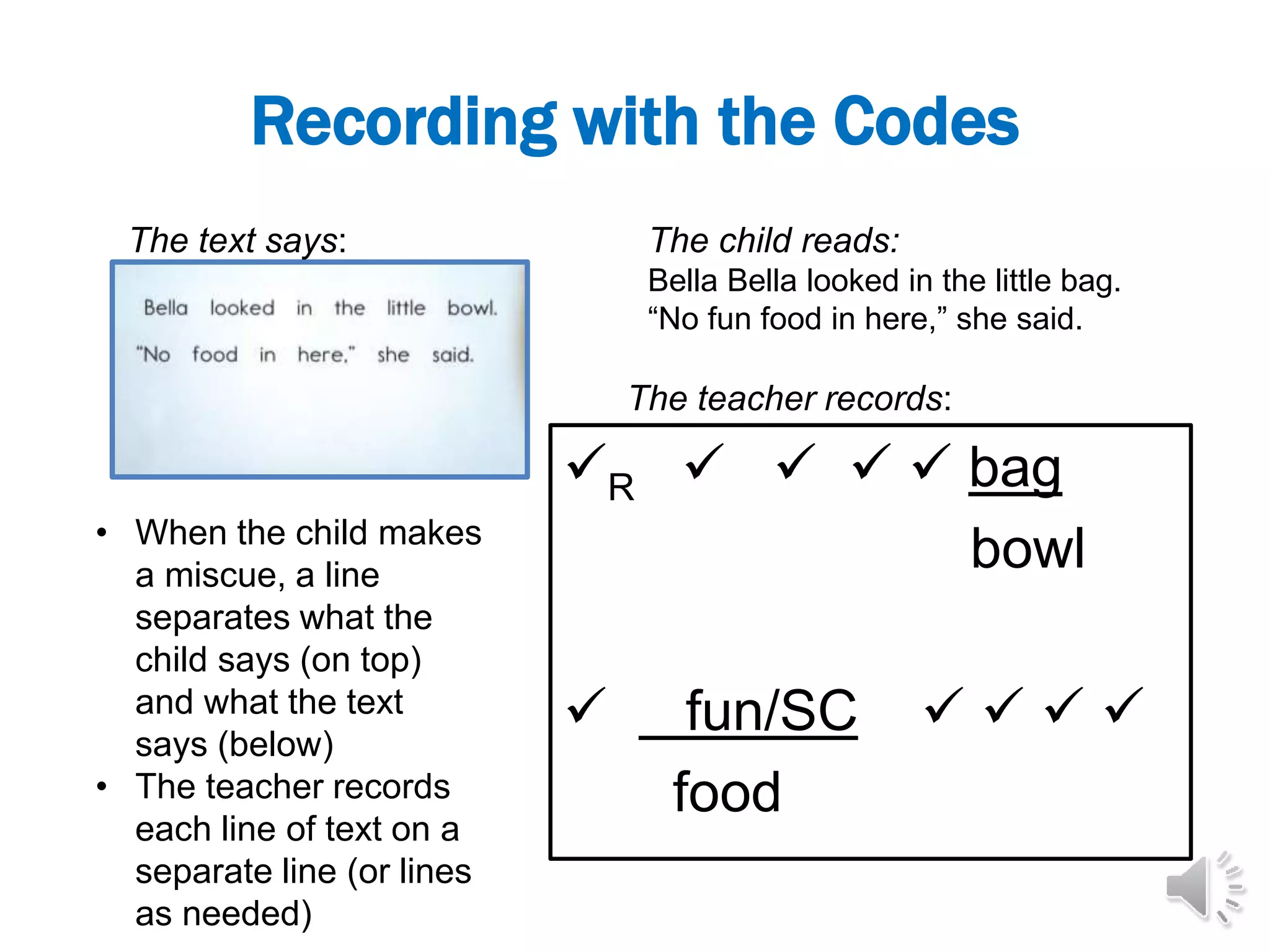 Recording with the Codes
R     bag
bowl
 fun/SC    
food
The child reads:
Bella Bella looked in the little bag.
“No fun food in here,” she said.
The text says:
The teacher records:
• When the child makes
a miscue, a line
separates what the
child says (on top)
and what the text
says (below)
• The teacher records
each line of text on a
separate line (or lines
as needed)
 