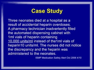 Case Study Three neonates died at a hospital as a result of accidental heparin overdoses. A pharmacy technician inadvertently filled the automated dispensing cabinet with 1ml vials of heparin containing 10,000 units/ml  instead of the1ml vials of heparin10 units/ml. The nurses did not notice the discrepancy and the heparin was administered to the neonates. ISMP Medication Safety Alert Oct 2006 4/10 