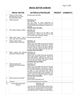 Page 7 of 25
GROSS MOTOR DOMAIN
GROSS MOTOR MATERIALS/PROCEDURE PRESENT COMMENTS
1. Climbs on chair or other
elevated piece of furniture
like a bed without help
Parental report will suffice
2. Walks backwards MATERIALS: toy
PROCEDURE:
Ask the child to walk backwards by
demonstrating this. Credit if the child is able to
walk backwards without falling and holding on to
anything.
Parental report will suffice.
3. Runs without tripping or falling MATERIA: ball
PROCEDURE:
Encourage the child to run by rolling a ball
across te floor. Credit if the child can run fast
and smoothly without tripping or falling.
4. Walks down stairs, 2 feet on
each step, with one hand held
Parental report will suffice.
5. Walks up stairs holding
handrail, 2 feet on each step
MATERIAL: toy
PROCEDURE:
Place a toy in the middle of the step and ask the
child to walk up the stairs to get the toy. Credit if
the child walks up walks up the stairs using the
handrail or wall for support and places both feet
on each step before stepping on the next one.
Parental report will suffice.
6. Walks upstairs with alternate
feet without holding handrail
MATERIAL: toy
PROCEDURE:
Place a toy in the middle of the step and ask the
child to walk upstairs to get the toy. Credit if the
child walks upstairs, alternating his feet as he
steps on each successive step without holding
on to the handrail or wall for support.
Parenting report will suffice.
7. Walks downstairs with
alternate feet without holding
handrail
MATERIAL: TOY
PROCEDURE:
Place a toy in the middle of the step and ask the
child to walk downstairs to eat the toy. Credit if
the child walks downstairs, alternating his feet as
he steps on each successive step without
holding on to the handrail or wall for support. Do
not give credit if the child places both feet on the
step or uses the handrail or wall for support.
Parental report will suffice.
8. Moves body part as directed PROCEDURE:
Ask the child to raise both arms.
9. Jumps up This must be elicited by the interviews.
10. Throws ball overhead with
Direction
MATERIAL: ball
PROCEDURE:
Give the child the ball and stand at least 3 feet
away from him. Ask the child to throw the ball to
you using an overhead throw. You may show
the child how to do it. Credit if the child 1throws
 