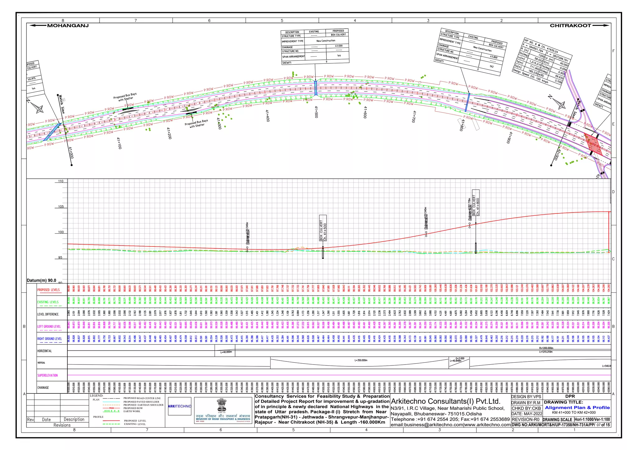 4
1
+
0
0
0
4
1
+
1
0
0
4
1
+
2
0
0
4
1
+
3
0
0
41
+4
00
41+50
0
41+
600
4
1
+
7
0
0
4
1
+
8
0
0
4
1
+
9
0
0
4
2
+
0
0
0
4
2
+
1
0
0
S
T
O
P
DRAWING SCALE
DWG NO:ARKI/MORT&H/UP-17358/NH-731A/PP/ of 15
REVISION-R0
CHKD BY:CKB
DRAWN BY:R.M
DESIGN BY:VPS
Consultancy Services for Feasibility Study & Preparation
of Detailed Project Report for improvement & up-gradation
of in principle & newly declared National Highways in the
state of Uttar pradesh. Package-II (i) Stretch from Near
Pratapgarh(NH-31) - Jethwada - Shrangvepur-Manjhanpur-
Rajapur - Near Chitrakoot (NH-35) & Length -160.000Km
Arkitechno Consultants(I) Pvt.Ltd.
N3/91, I.R.C Village, Near Maharishi Public School,
Nayapalli, Bhubaneswar- 751015.Odisha
Telephone :+91 674 2554 205; Fax:+91 674 2553689
email:business@arkitechno.com|www.arkitechno.com
Alignment Plan & Profile
DRAWING TITLE:
CHITRAKOOT
MOHANGANJ
Hori-1:1000/Ver-1:100
LEGEND:
PROPOSED ROAD CENTER LINE
PROPOSED PAVED SHOULDER
PROPOSED ROW
EARTH WORK
PLAN
PROPOSED EARTHAN SHOULDER
PROFILE
PROPOSED LEVEL
EXISITING LEVEL
DATE: MAY-2022
DPR
07
KM 41+000 TO KM 42+000
Datum(m) 90.0
 