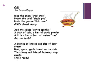 + Chili
by Emma Zayas
Dice the onion “chop chop”
Brown the beef “sizzle pop”
Drain the grease “drip drop”
Chili’s almost r...