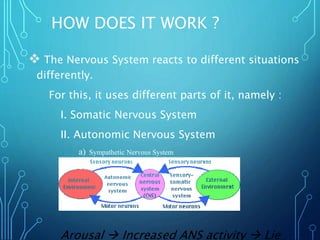 HOW DOES IT WORK ?
 The Nervous System reacts to different situations
differently.
For this, it uses different parts of it, namely :
I. Somatic Nervous System
II. Autonomic Nervous System
a) Sympathetic Nervous System
b) Parasympathetic Nervous System
Arousal  Increased ANS activity  Lie
 